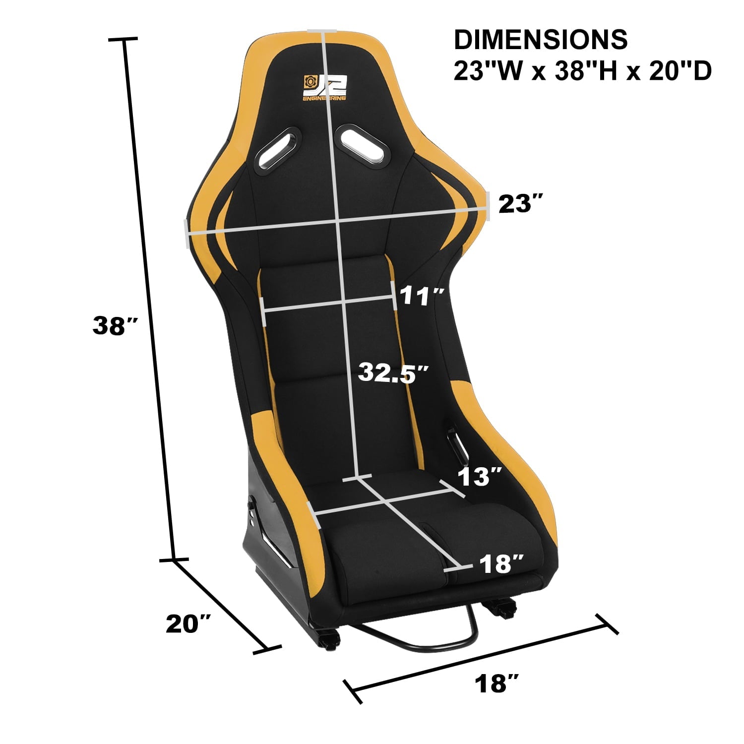 J2 Engineering Pair Universal Bucket Racing Seats Black Yellow Fiberglass Ergonomic Design with Side Mount Brackets