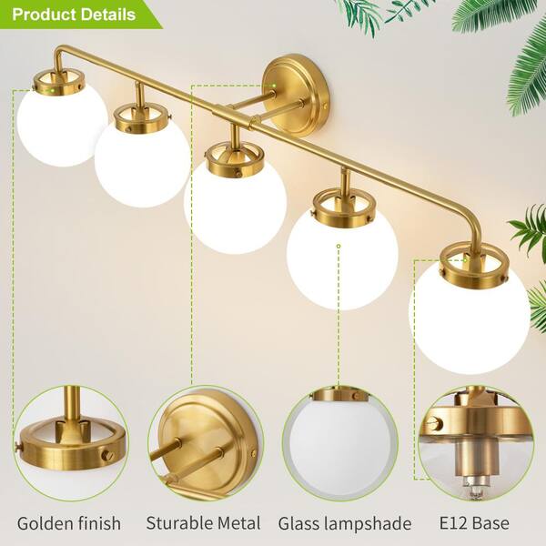 38.98 in. 5-Light Gold Bathroom Vanity Light with Opal Glass Shades, Bulbs not Included