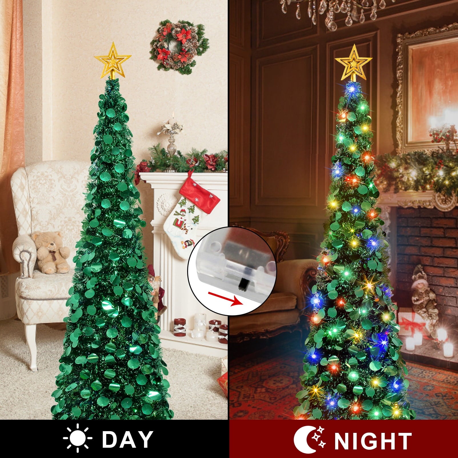 5 ft Pop Up Christmas Tinsel Tree with Reflective Colorful Sequins Artificial Xmas Slim Tree Collapsible Pencil Tree Pop up Tree with String Light for Home