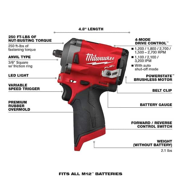 M12 FUEL 12V Lithium-Ion Brushless Cordless Stubby 3/8 in. Impact Wrench & 3/8 in. Ratchet with two 3.0 Ah Batteries