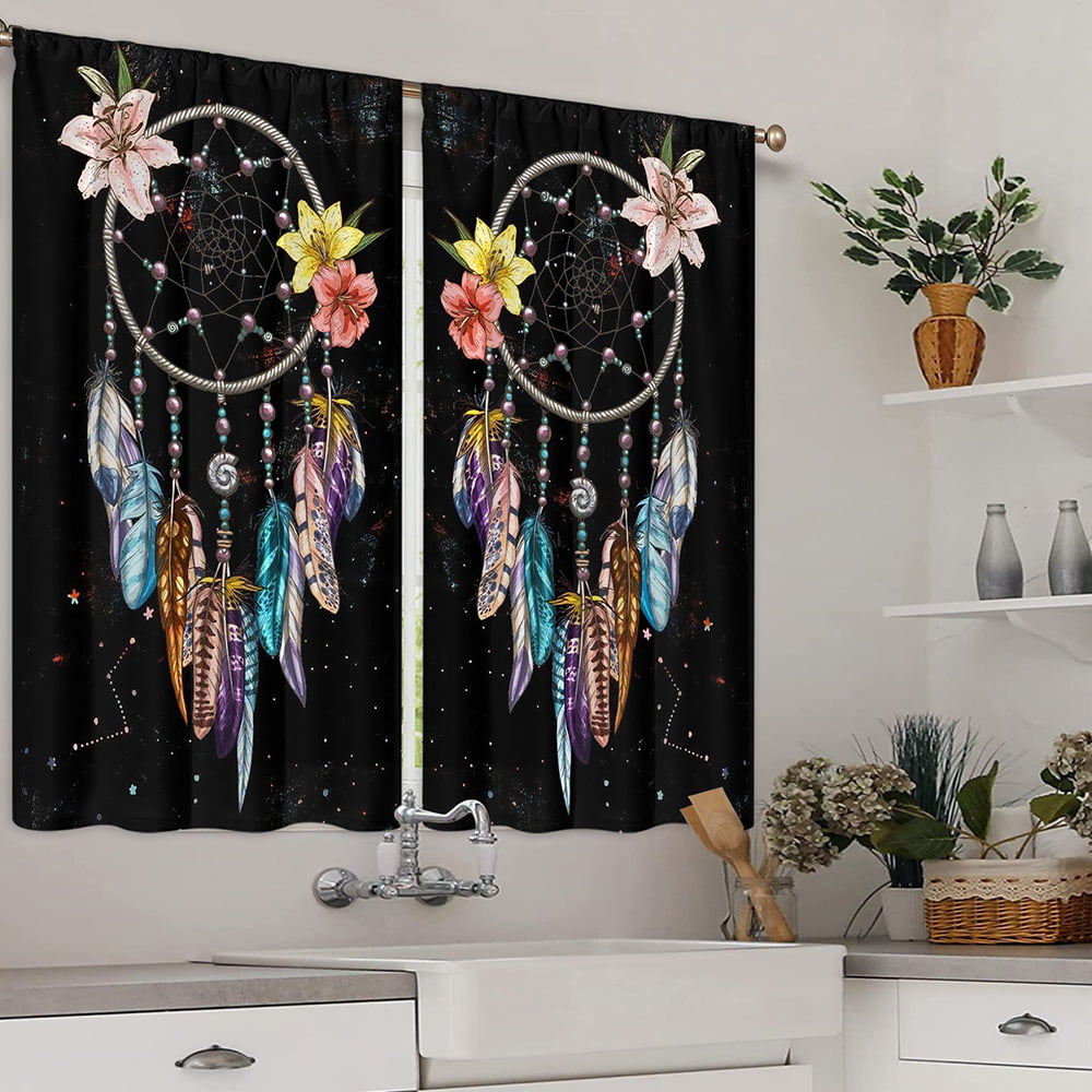 Yipa Kitchen Curtains Dream Catcher Drapes Topper Semi Sheer Short Panel Decor Cafe Colorful Window Curtain Valance Bedroom Home Style-2 W:35