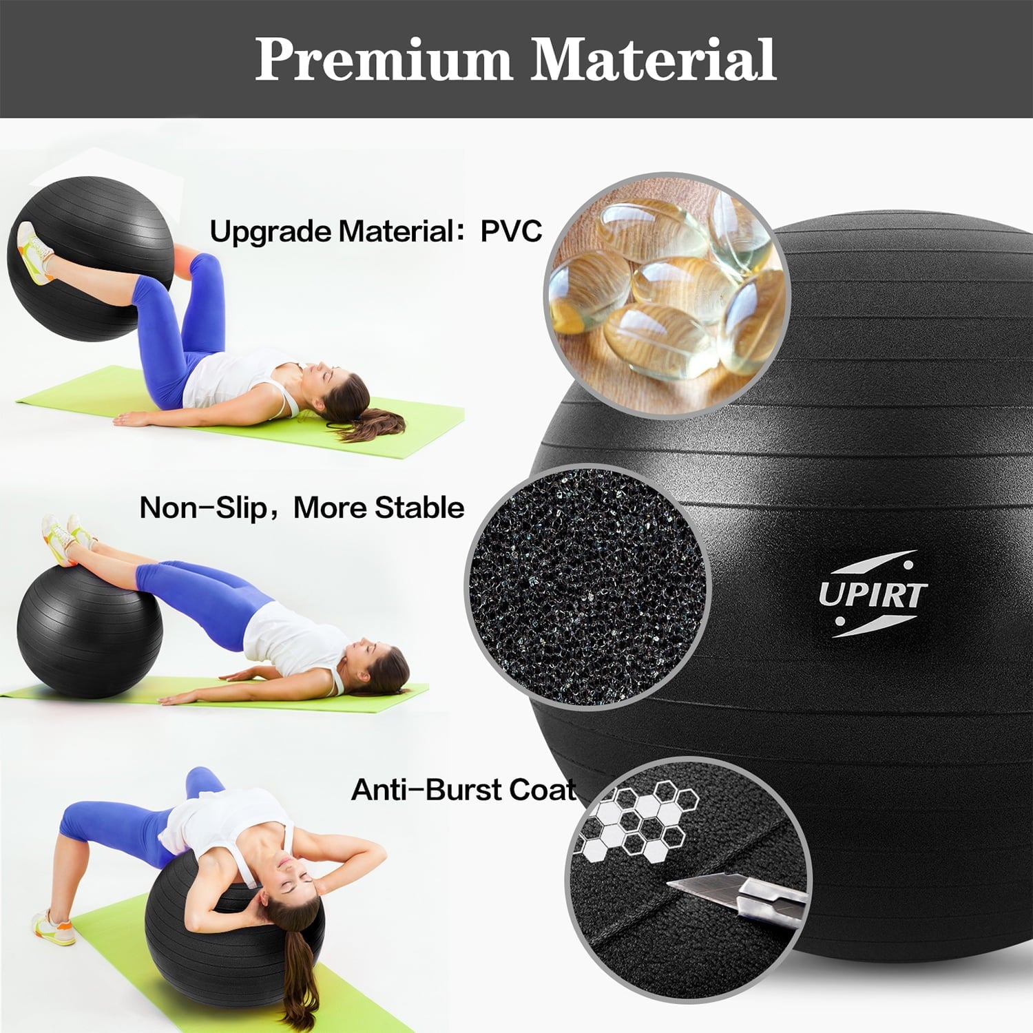 Maustic Black Exercise Ball, Heavy Duty Balance Ball for Fitness,Work Out, Pregnancy, Physical Therapy, with Pump & Guide - 29.5/25.5 in