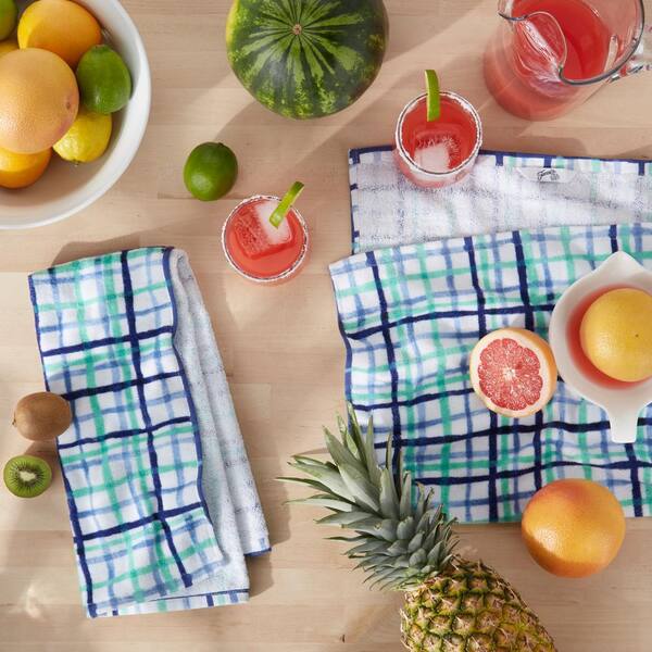Watercolor Blue Plaid Cotton Kitchen Towel Set (Set of 2)