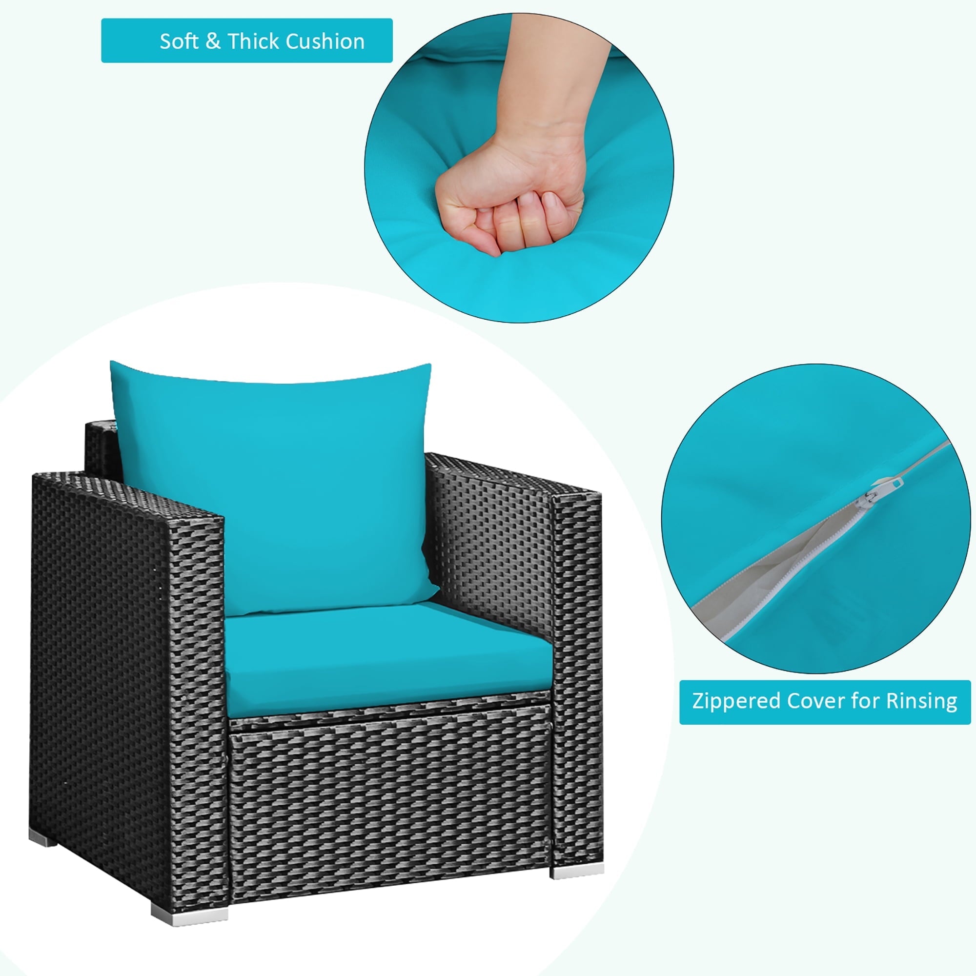 Costway 3PCS Patio Rattan Wicker Furniture Set Sofa Table W/Cushion Turquoise