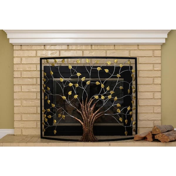 39 in. x 33 in. Curved 1-Panel Fireplace Screen Mesh Spark Guard Tree of Life Decorative