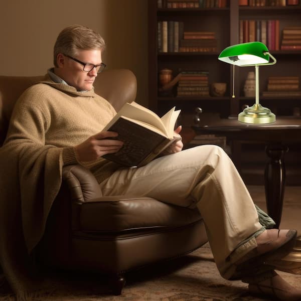 14.5 in. Morgan Banker Desk Lamp, Antique Green Table Lamp for Office, Energy-Saving Desk Light for Home Improvement