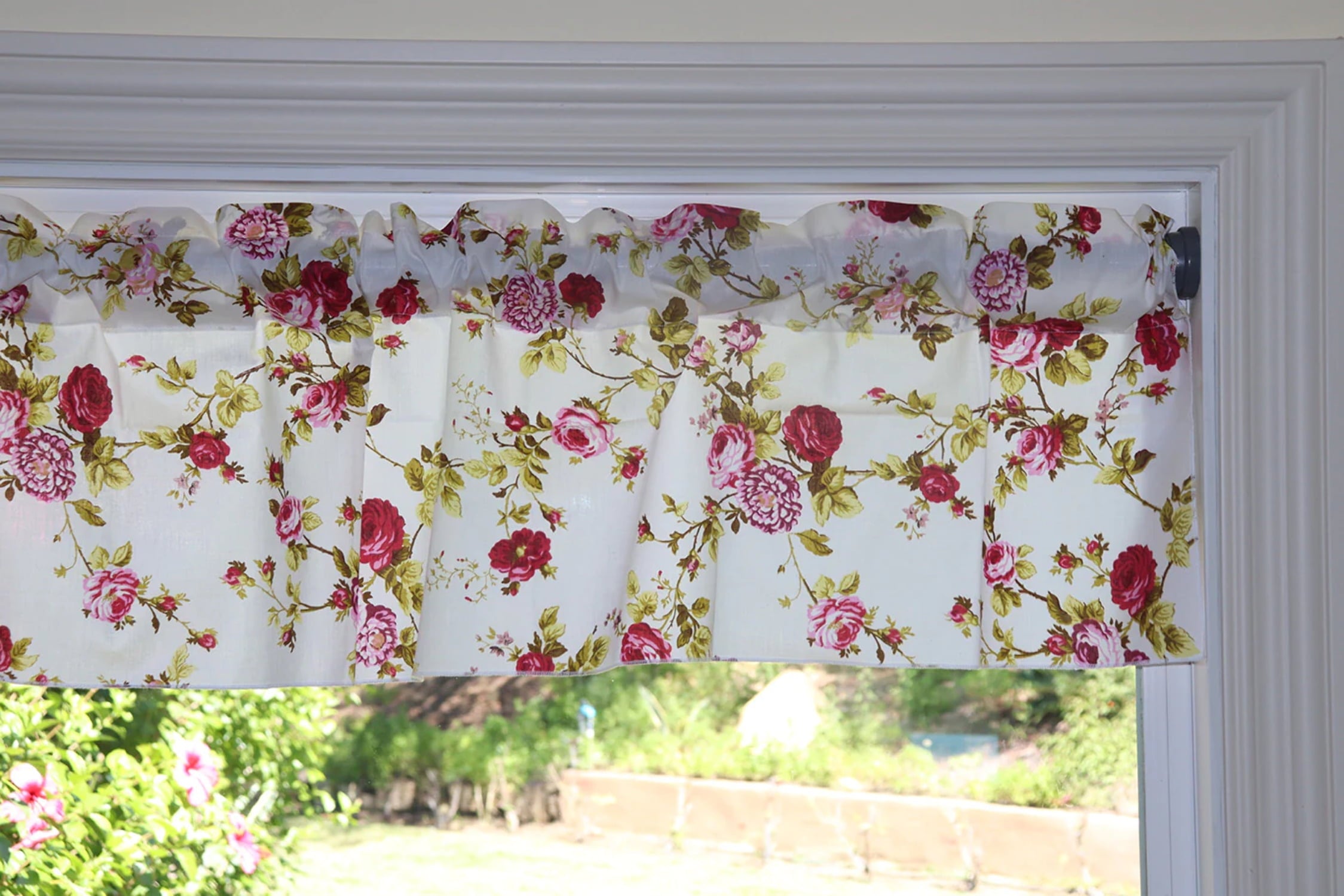 Cotton Window Valance Floral Print 58 Inch Wide Vintage Floral Large Roses Red on White