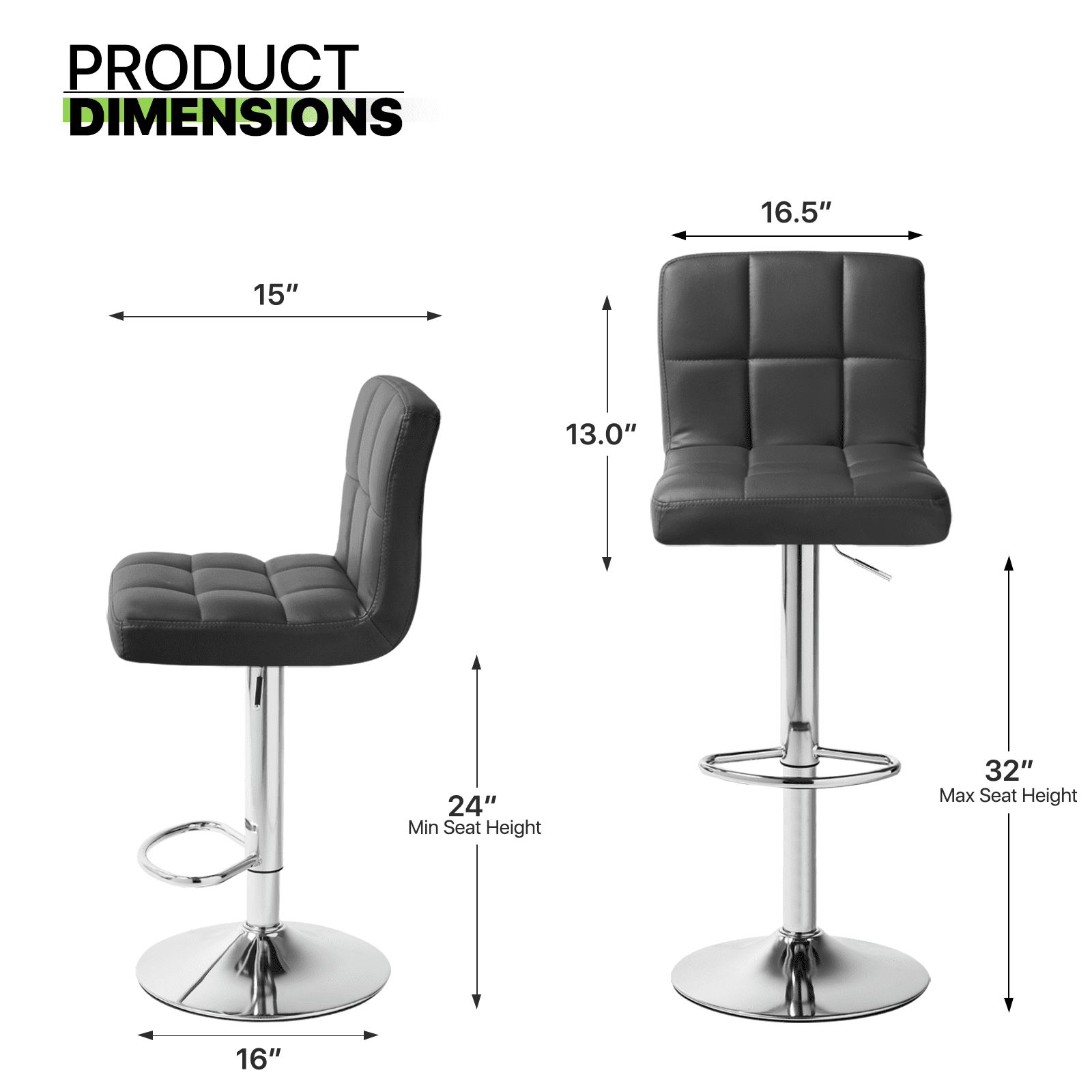 Magshion Set of 4 Faux Leather Adjustable Swivel Bar Stools with Square Back, Kitchen Counter Height Barstools Dining Chairs, Black