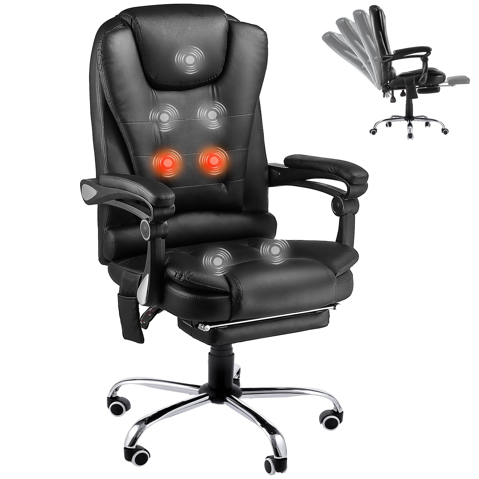 YODOLLA Ergonomic Office Chair with Heated 7 Points Massage Retractable Footrest, High Back Swivel Leather Chair Big and Tall Heated Reclining Office Chair, Black