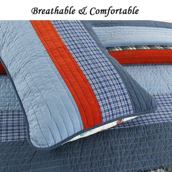 Patriotic Plaids Checker Stripe 3-Piece Red White Navy Blue Cotton Queen Quilt Bedding Set