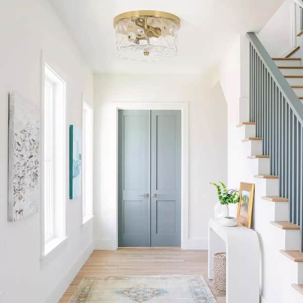 12 in. 2-Light Brass Gold Flush Mount Ceiling Light with Water Rippled Glass Shade