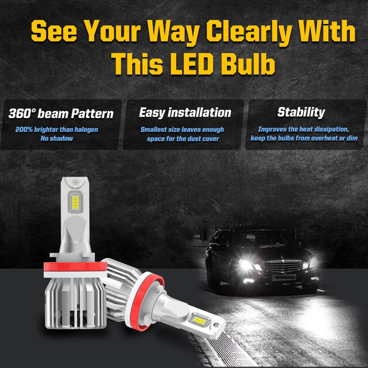 Lasfit H8 H9 H11 LED Headlight Bulbs,High/Low Beam/Fog Light H11 LED Bulbs 50W 5000LM 6000K | 2 Bulbs