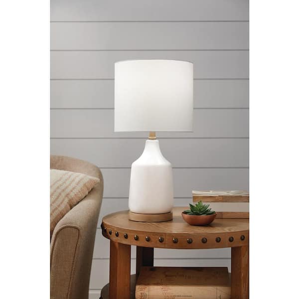 Saddlebrook 21.5 in. Cream Ceramic and Faux Wood Table Lamp with White Fabric Shade