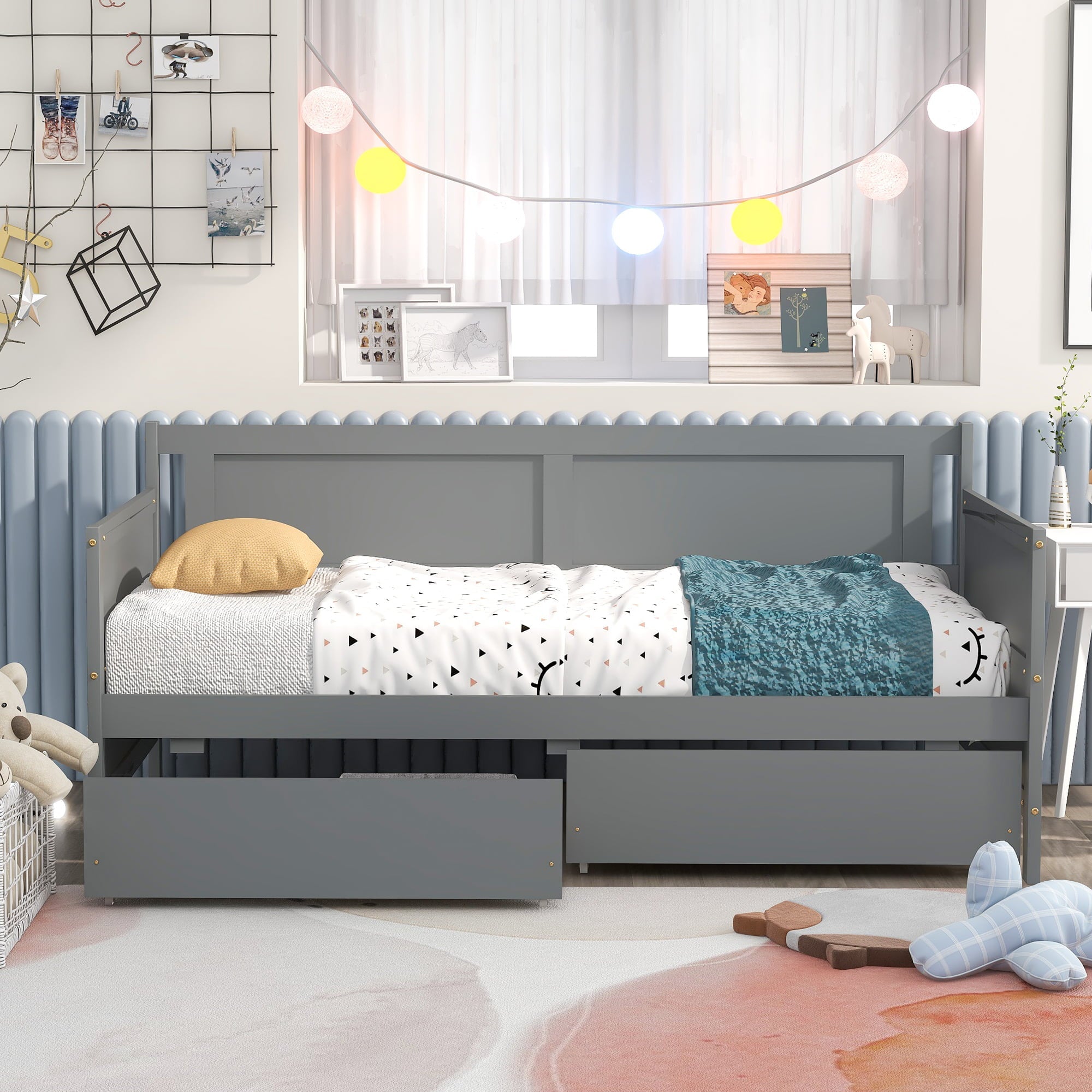 uhomepro Gray Daybed with Storage Drawers, Wood Twin Bed Frame Sofa Bed for Kids Girls Boys, Living Room Bedroom Furniture, No Box Spring Needed