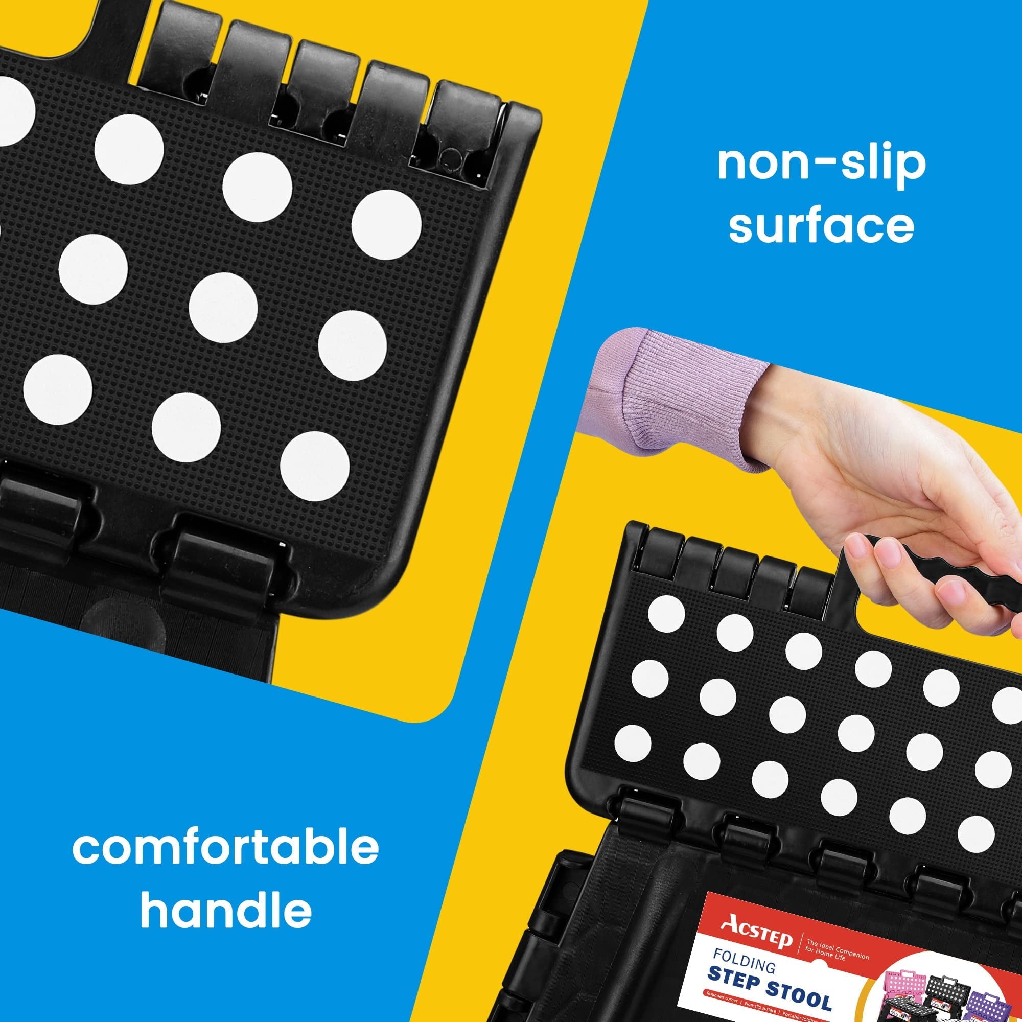 ACSTEP Folding Step Stool 9'' Tall Kids Step Stool Plastic Step Stools with Non-Slip Surface - Black