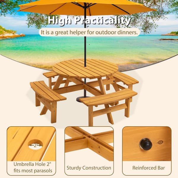 43.3 in. Brown Round Circular Solid Wood Picnic Table Seats 8-People with Umbrella Hole