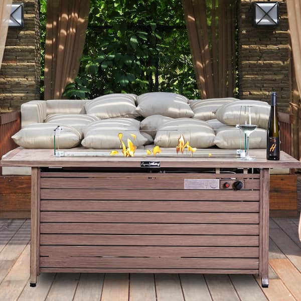 57 in. Aluminum Rectangular Fire Table with Glass Wind Guard, Nature Wood Coating