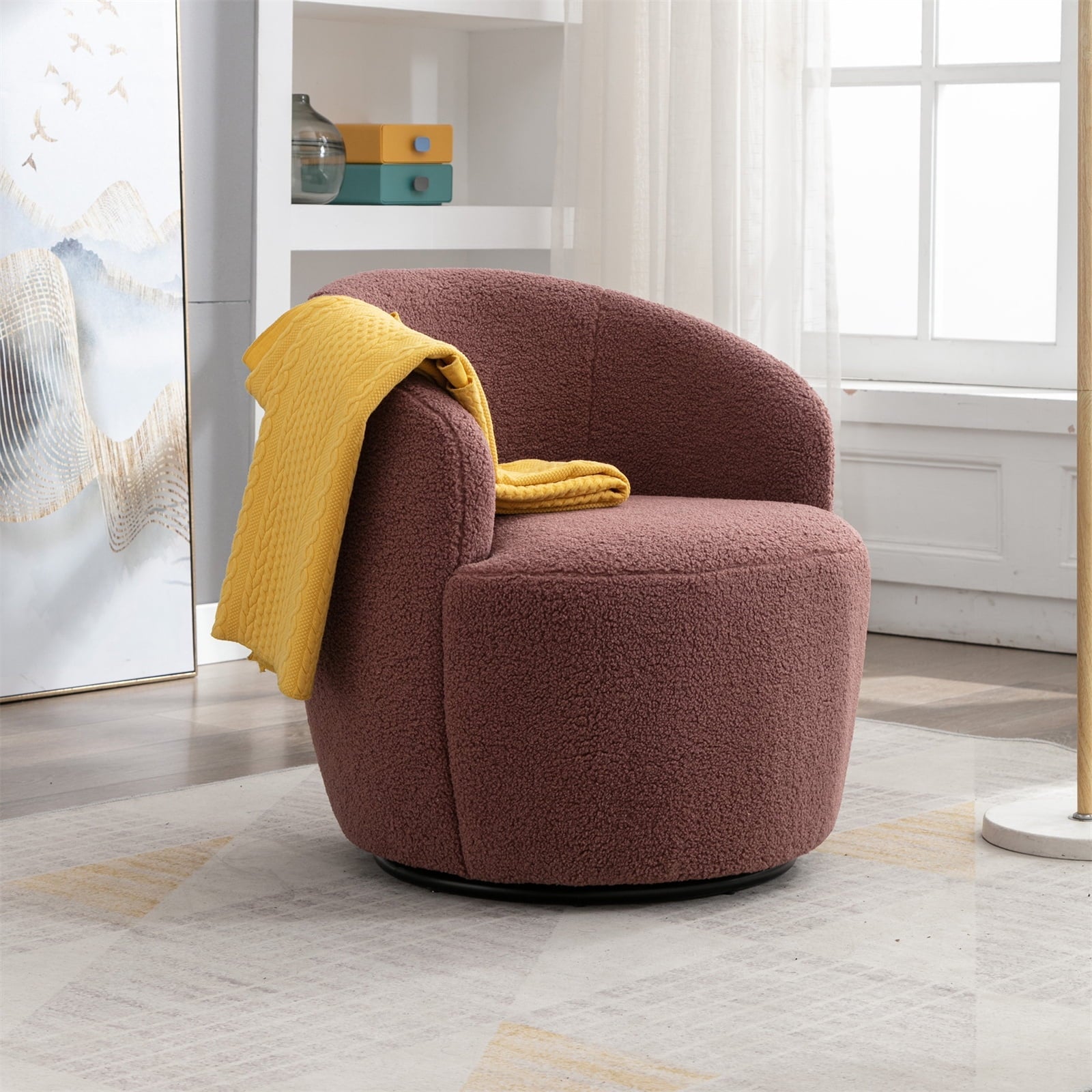 Swivel Barrel Chair, Modern Teddy Fabric Swivel Accent Barrel Chair Armchair, Upholstered Cozy Club Chairs Sofa Arm Chair for Nursery, Bedroom, Office, Hotel, Dark Blue
