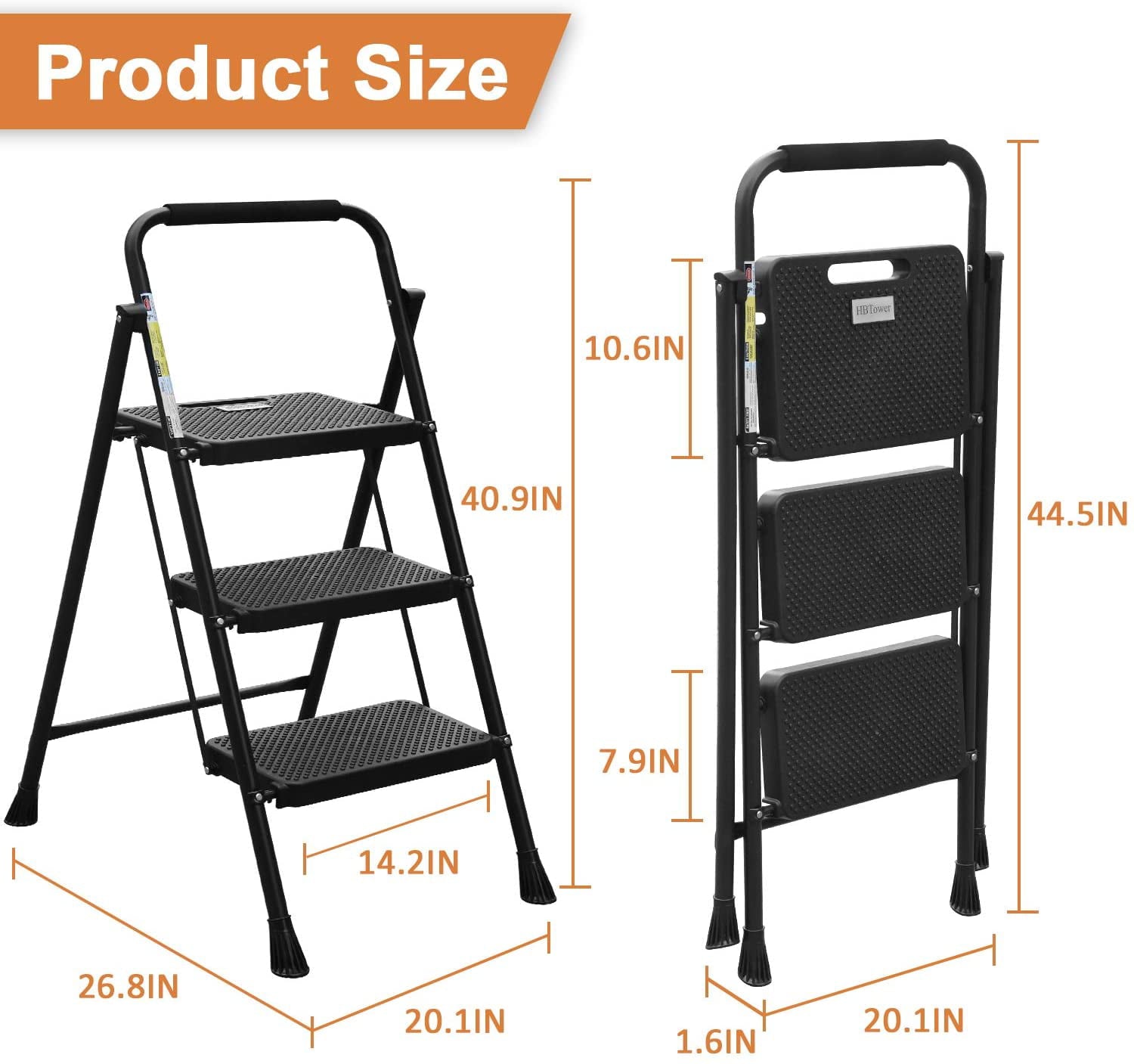 HBTower Folding 3-Step Stool Ladder, 500lbs, with Wide Anti-Slip Pedal and Steel Handgrip, Black