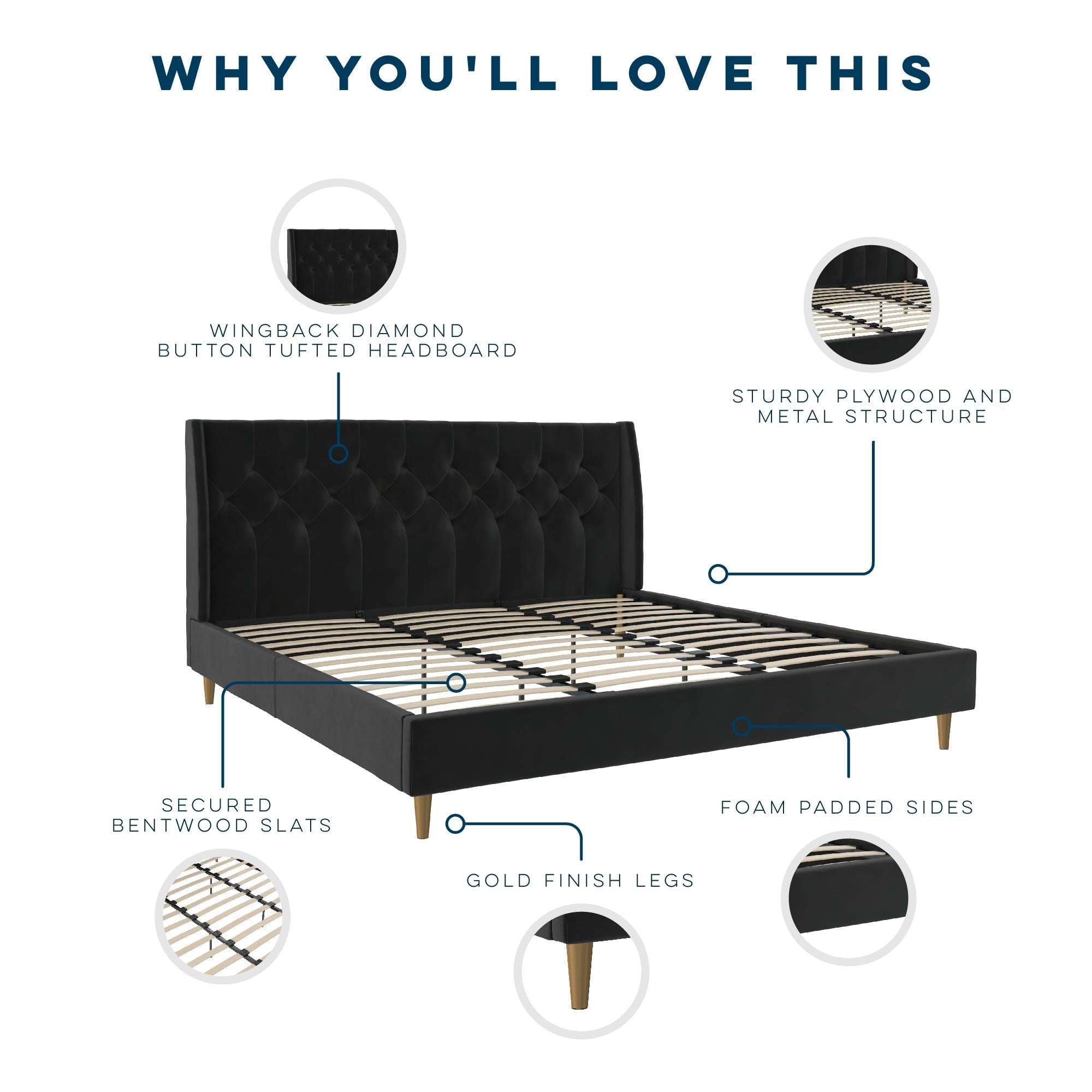 Novogratz Her Majesty Tufted Upholstered Bed Frame, King, Black Velvet