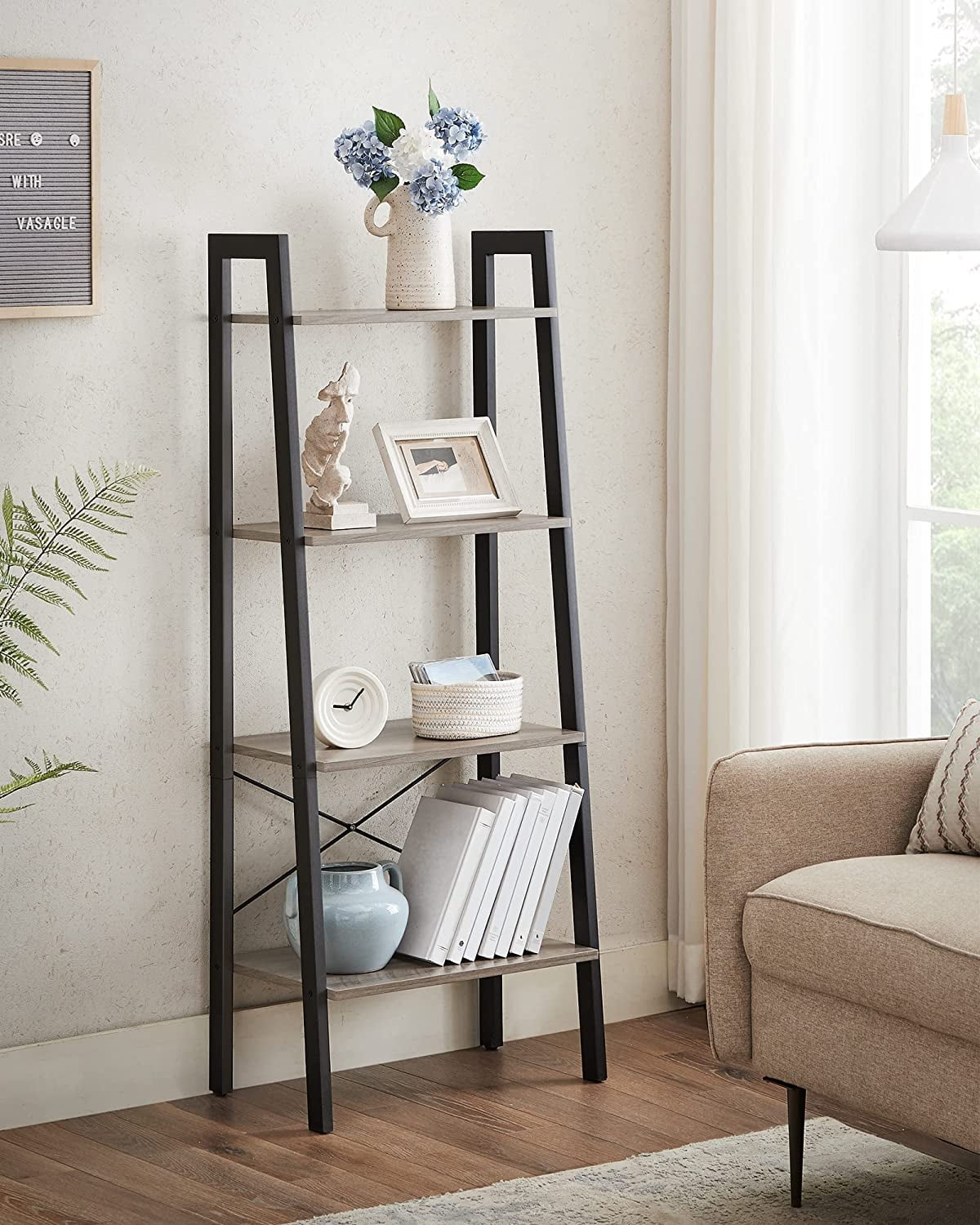 VASAGLE 4-Tier Ladder Shelf Ladder Bookshelf Bookcase Storage Rack Shelves Rustic Brown and Black