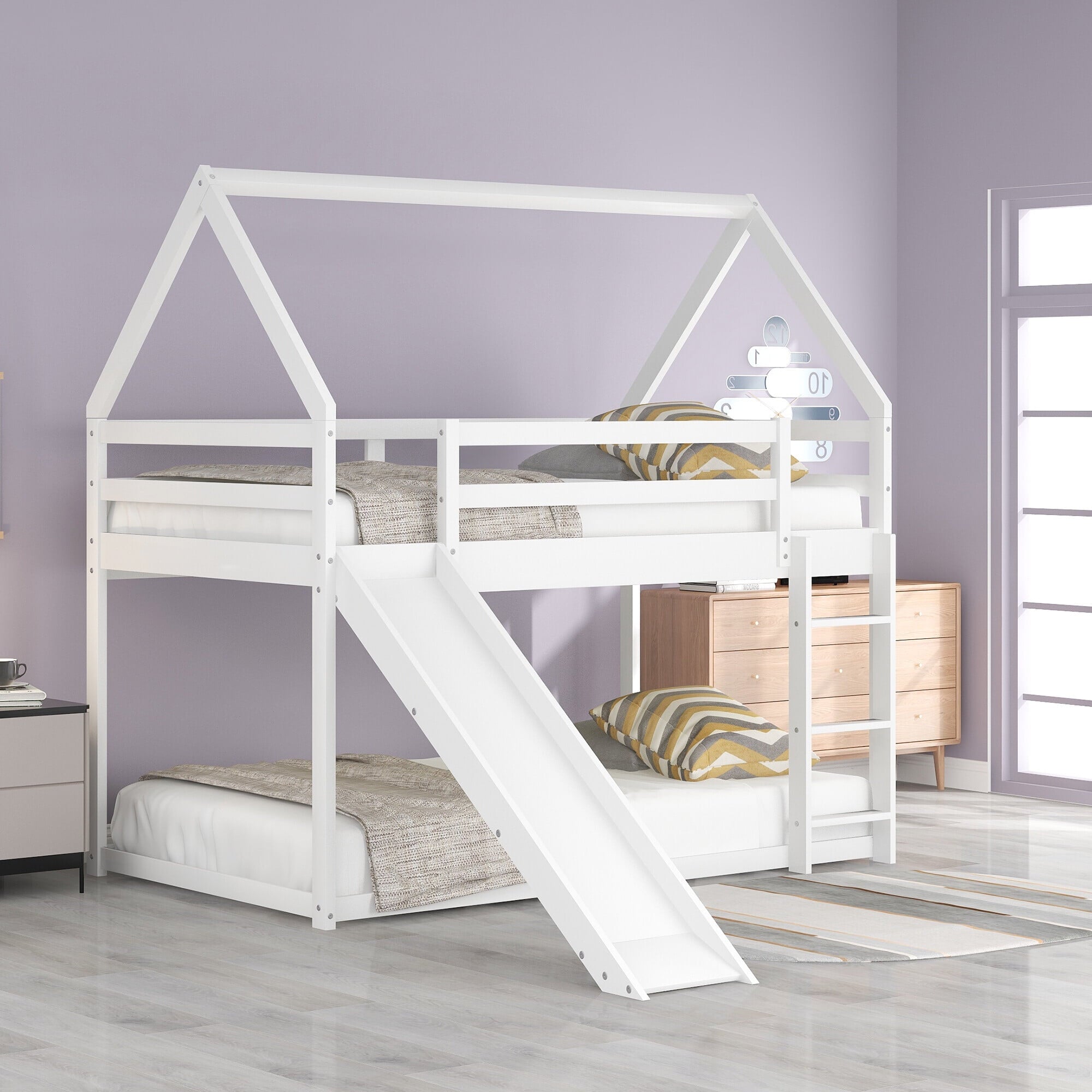 KOFUN House Bunk Beds with Slide, Wood House Bunk Bed Twin over Twin, Kids Bunk Bed with Roof, Slide Bunk Beds with Ladder for Girls, Boys, White