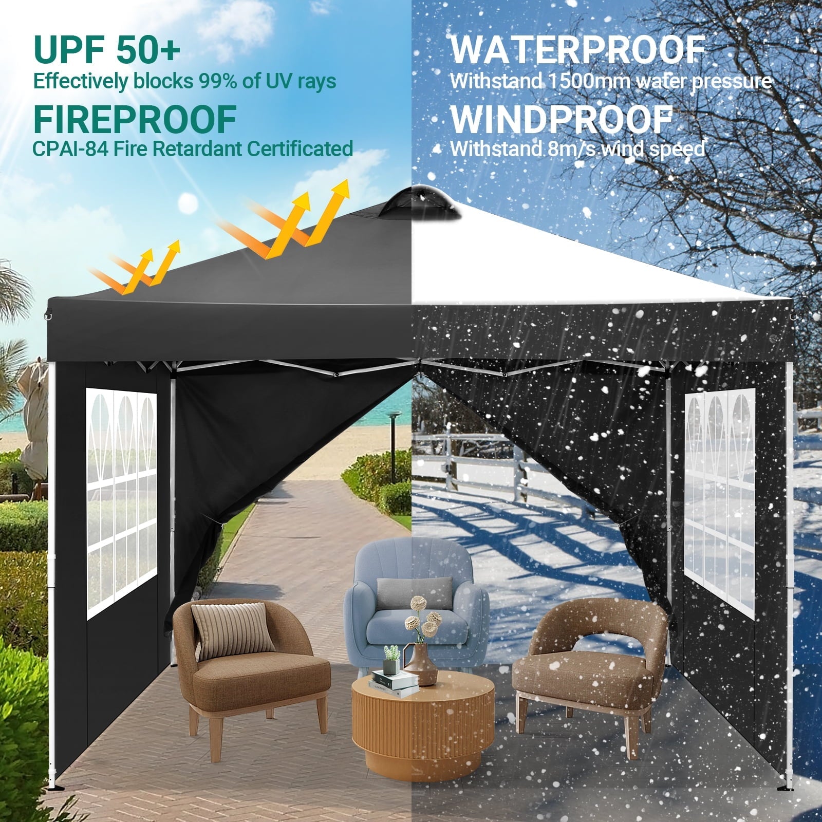 10'x10' EZ Pop Up Canopy with Top Vent, Large Commercial Tent, Waterproof and Sunproof with 4 Removable Sidewalls, Suitable for Weddings come with 4 Sandbags (Black)