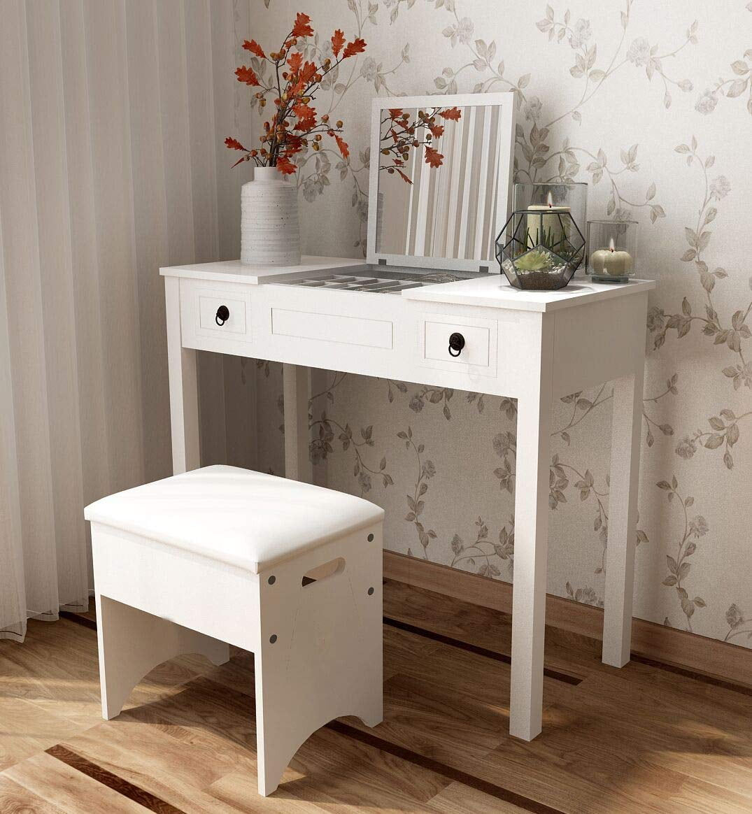 Ktaxon Dressing Table Vanity Set Makeup Table with Flip-top Mirror,Cushioned Stool and 2 drawers,White