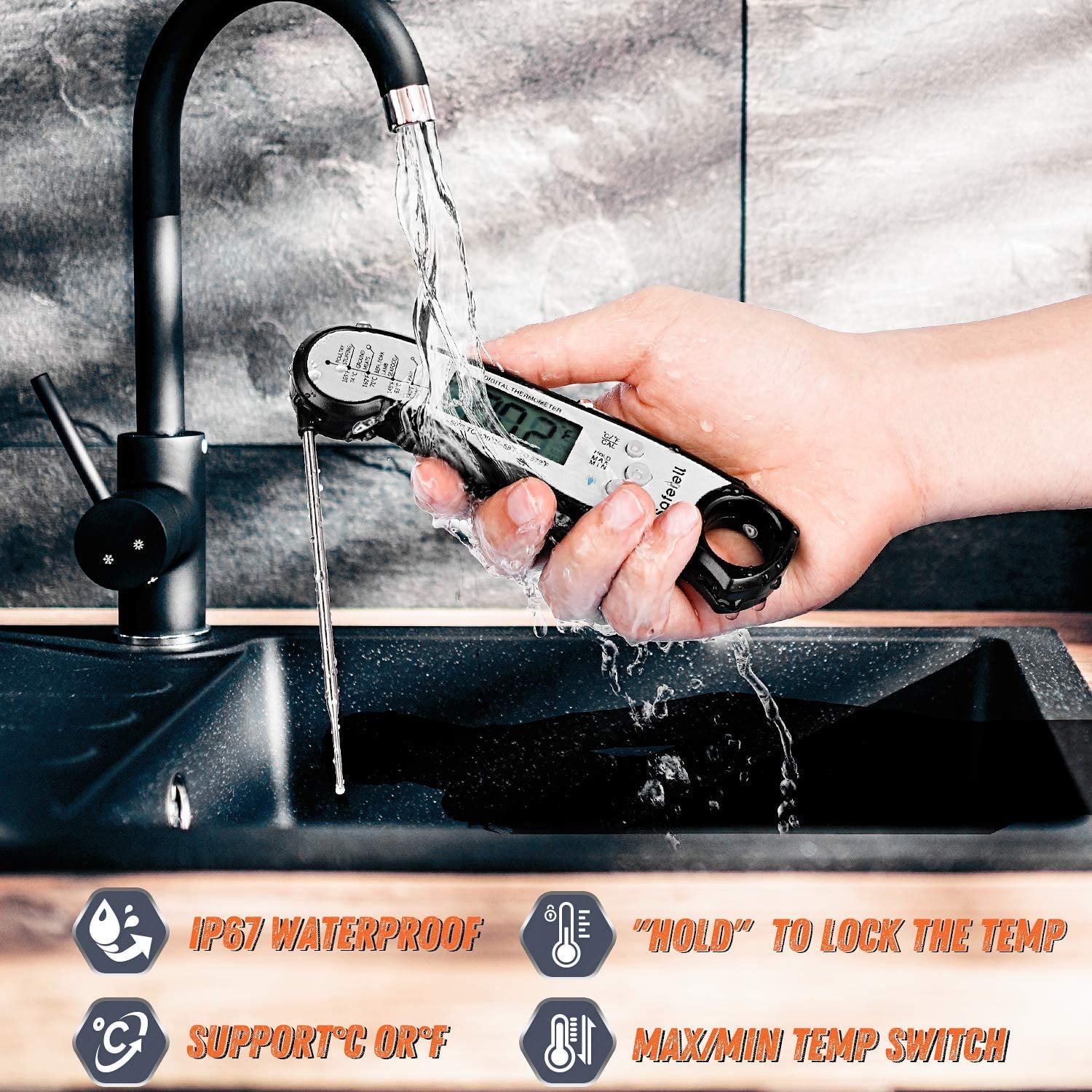 Saferell Instant Read Meat Thermometer for Cooking, Fast & Precise Digital Food Thermometer with Backlight, Magnet, Calibration, and Foldable Probe for Deep Fry, BBQ, Grill and Roast Turkey(Black)