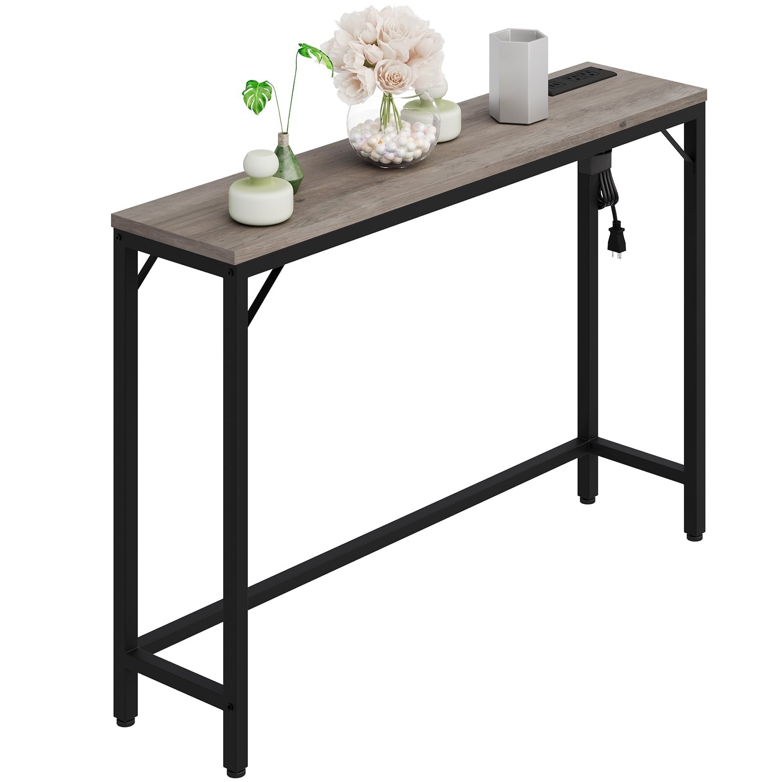 Entryway Table with Power Outlets & USB Ports, Narrow Sofa Table with Charging Station, 39.3