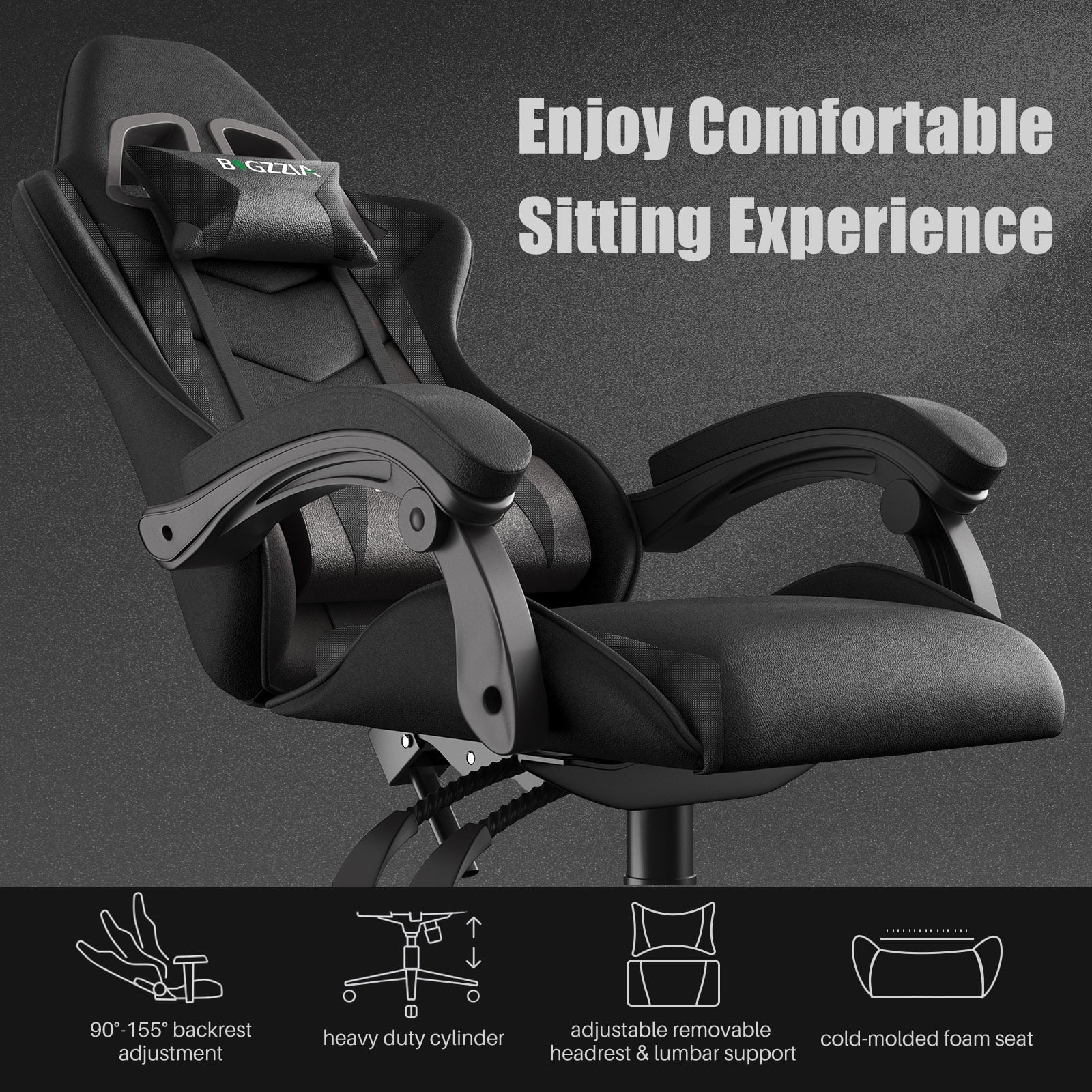Bigzzia Gaming Chair Office Chair, Ergonomic Game Chair with Headrest & Lumbar Pillow, Black