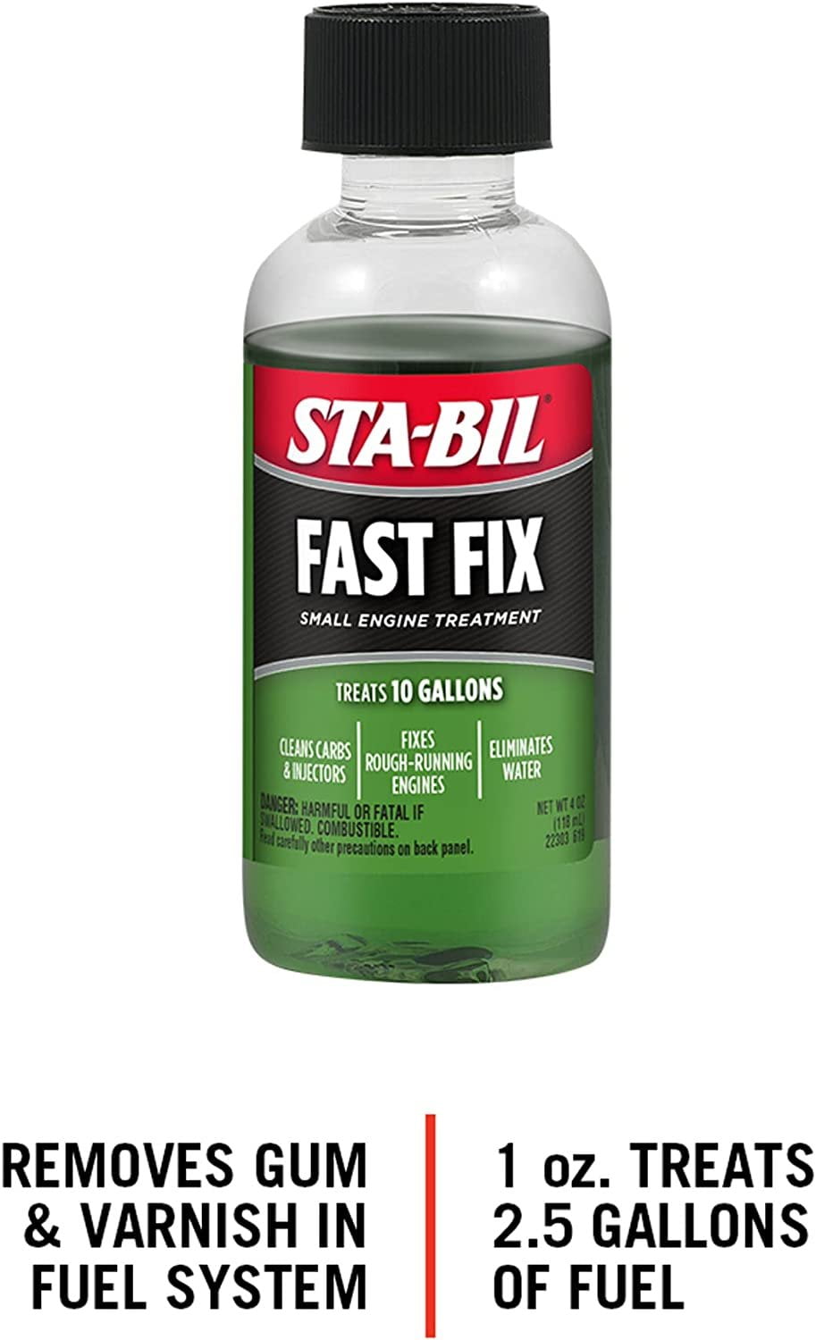 STA-BIL Fast Fix Small Engine Treatment - Cleans Carbs and Injectors - Fixes Rough Running Engines - Eliminates Water - Treats 10 Gallons, 4 fl. oz. 22303, Green