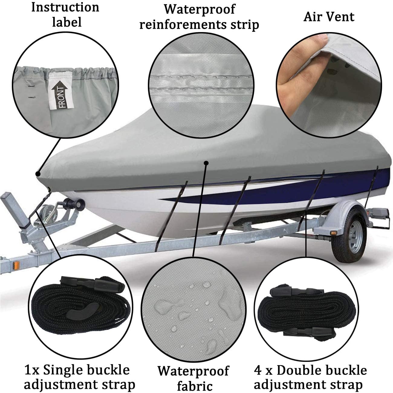 Bibana Heavy Duty Trailerable Waterproof Boat Cover with 2 Air Vent Marine Grade Polyester Boat Cover Fits V-Hull,Fishing Boat,Tri-Hull, Bass Boats,Pro-Style Cover (20-22ft, Grey)
