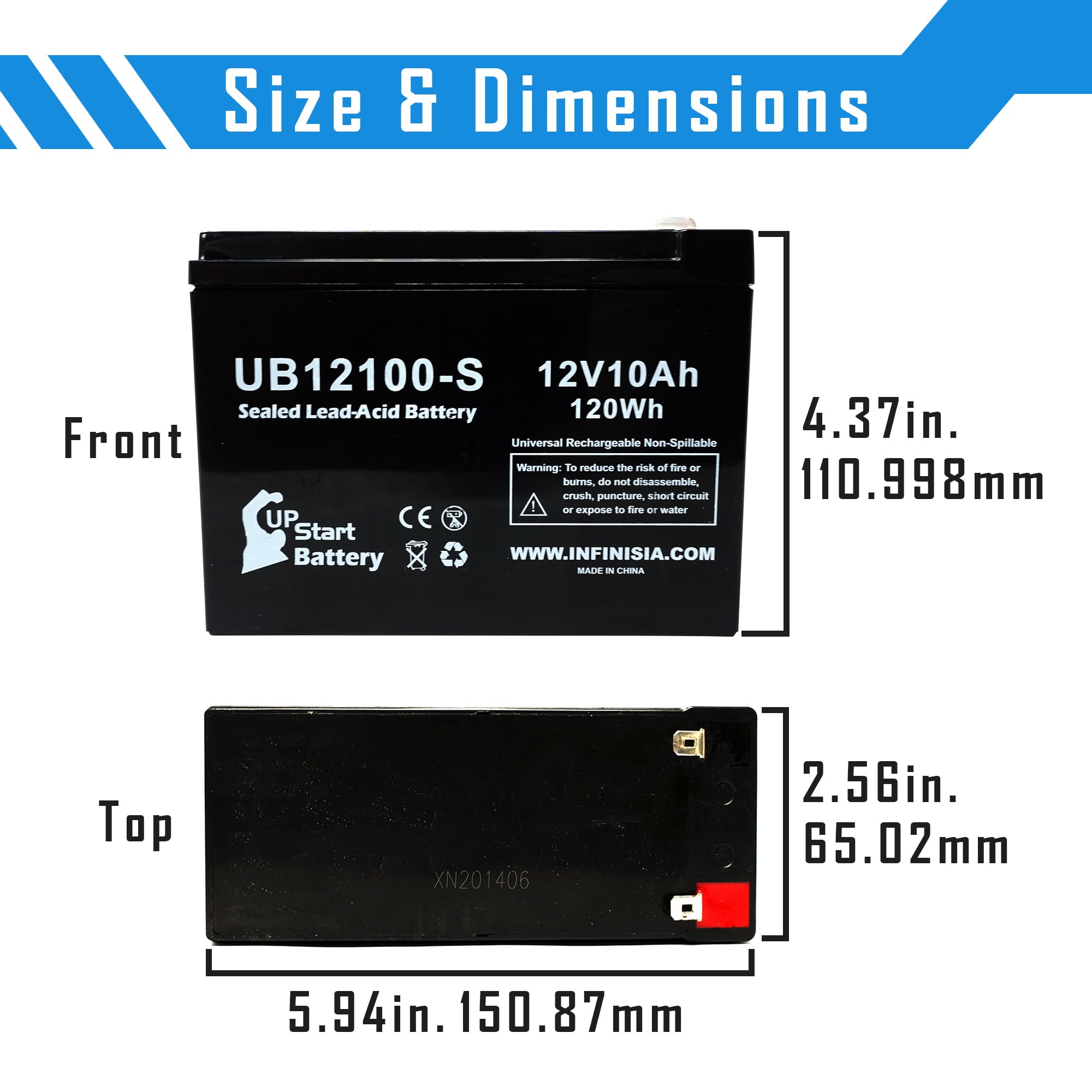 2x Pack - Universal Battery UB12100-S Battery Replacement - UB12100-S Universal Sealed Lead Acid Battery (12V, 10Ah, 10000mAh, F2 Terminal, AGM, SLA)