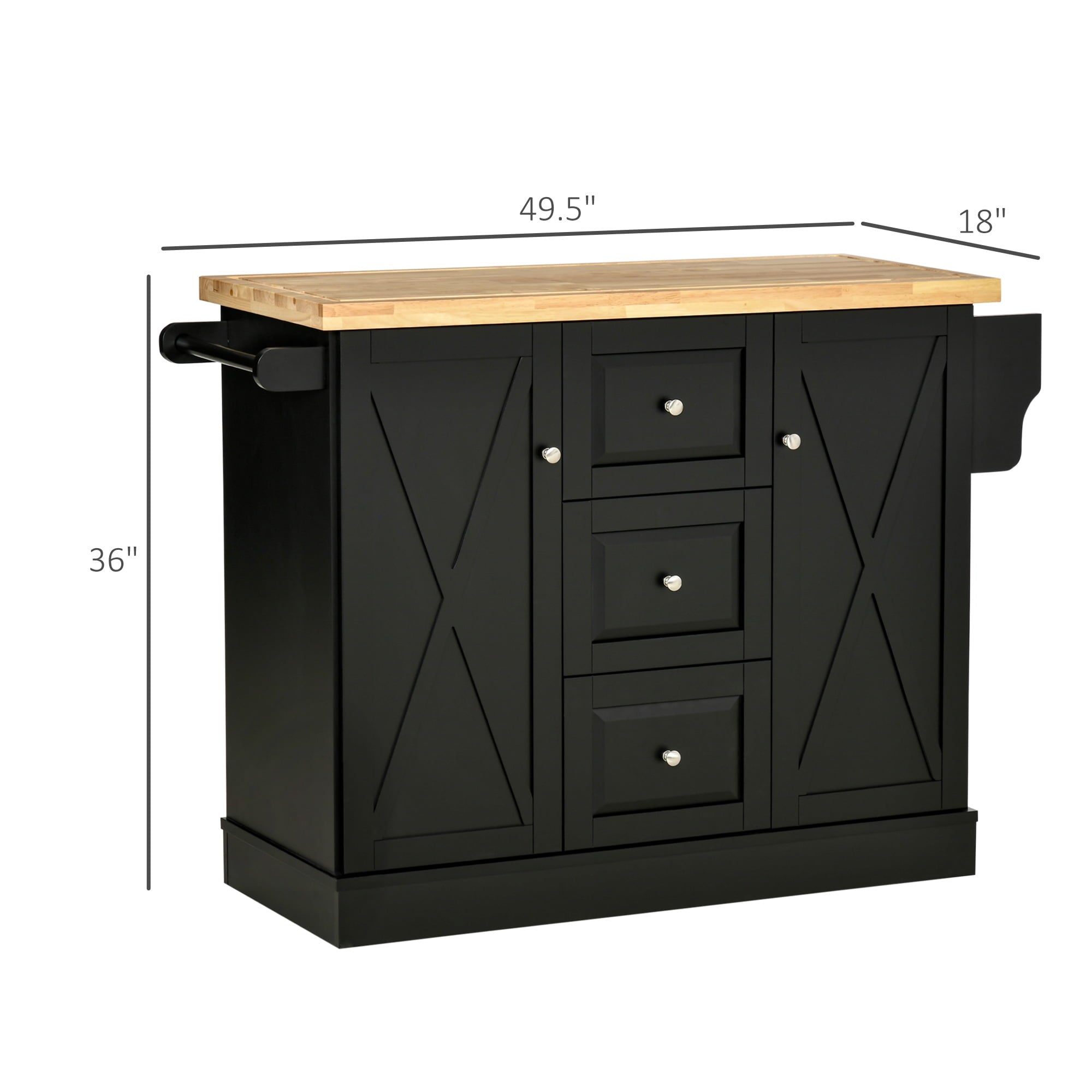 HomCom Wooden Mobile Kitchen Island Cart with Drawers and Wheel - Black