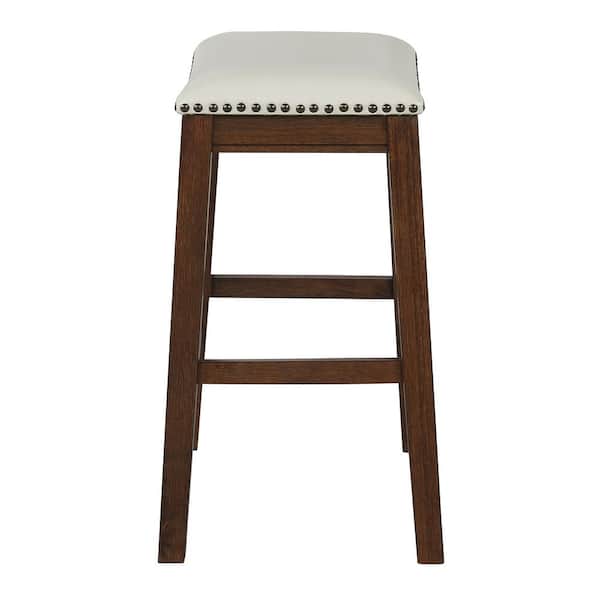 Farmhouse Style 24.75 in. Wood Saddle Counter Stool in Cream Faux Leather with Dark Walnut Finish (set of 2) Included