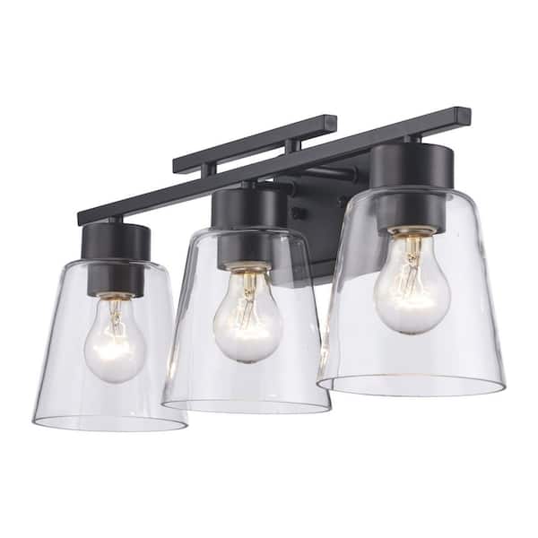 Abbedale 23.38 in. 3-Light Black Bathroom Vanity Light Fixture with Clear Glass Shades