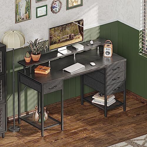 55 Inch Computer Desk With 4 Drawers Gaming Desk With Led Lights & Power Outlets