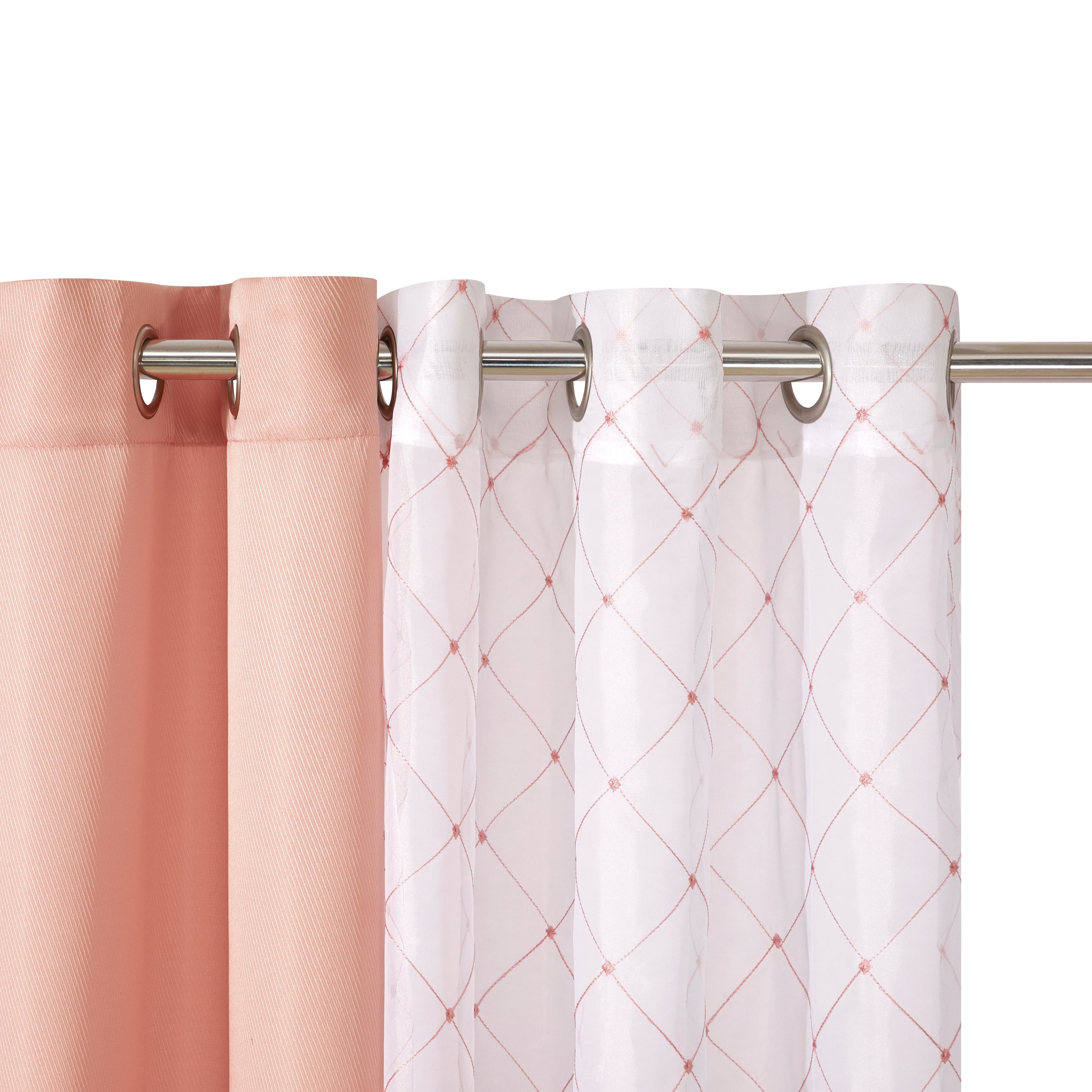Better Homes & Gardens Blush Pink Embroidered Lattice Sheer & Twill Weave 4 Piece Curtain Set, 84