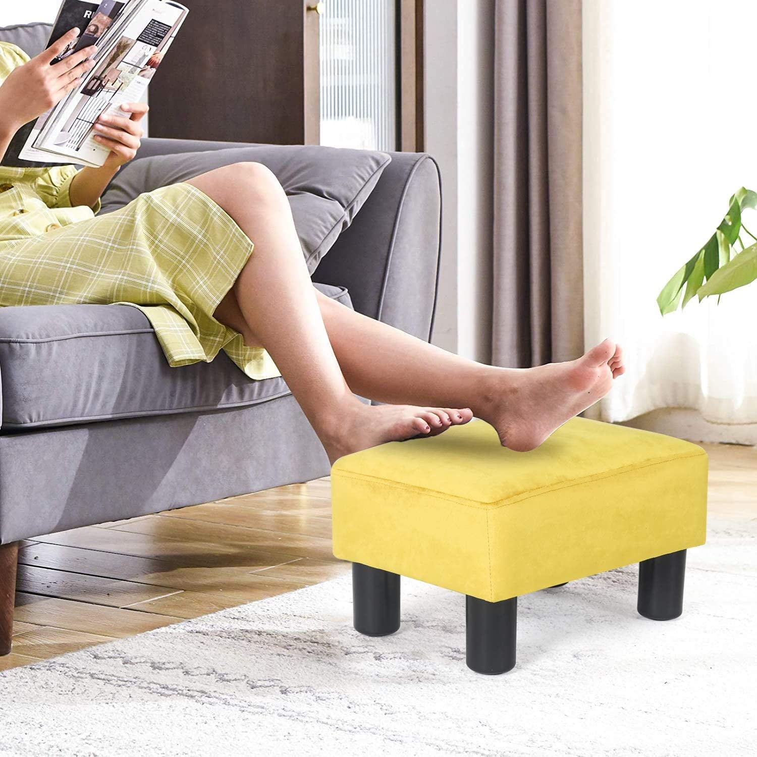 Homebeez Fabric Ottoman Footstool Square Padded Foot Rest Stool Seat,Yellow