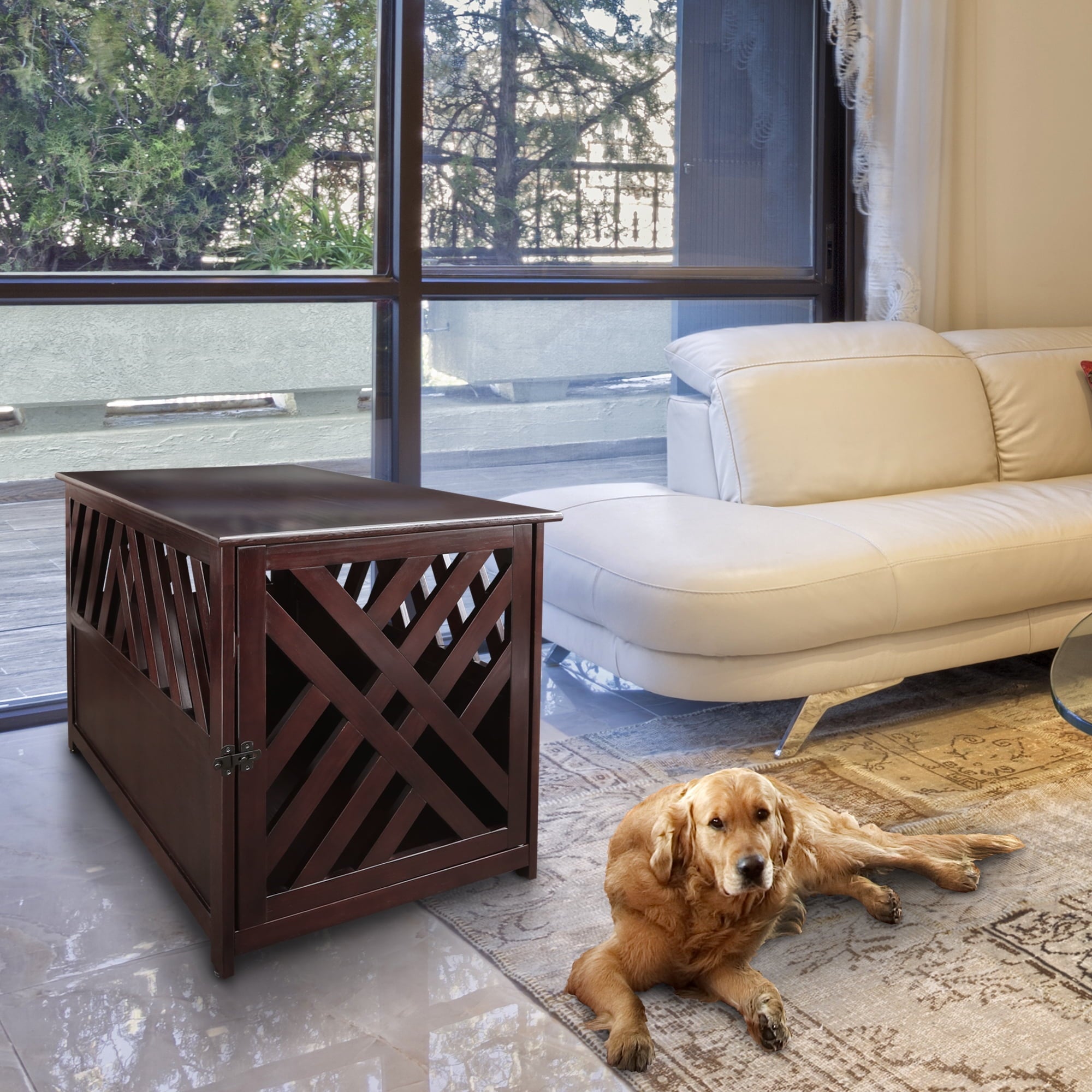 Casual Home Modern Lattice Wooden Pet Crate End Table, Espresso, Medium, 33