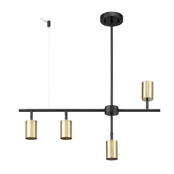 2.3 ft. Matte Black and Brass Adjustable Height Hard Wired Track Lighting Kit with Pivoting Shades, Step Heads