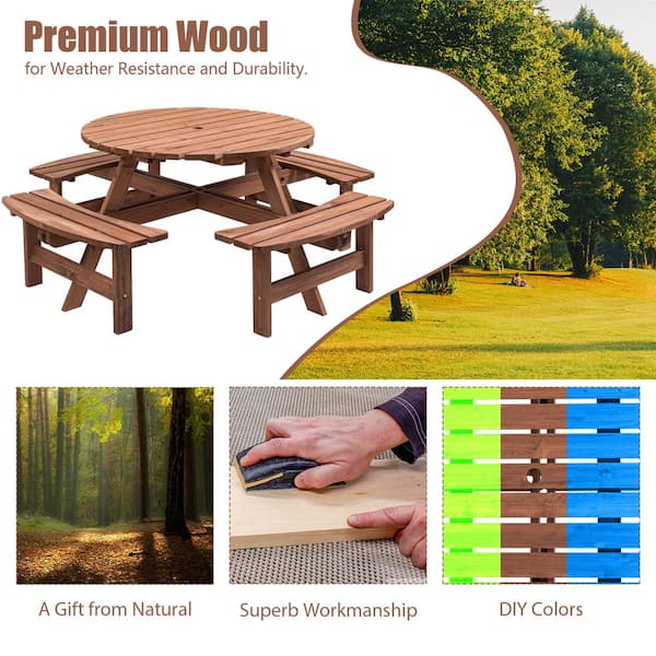 70.07 in. W Brown Solid Wood 8 Person Wooden Picnic Table Garden DIY w/4 Built-in Benches
