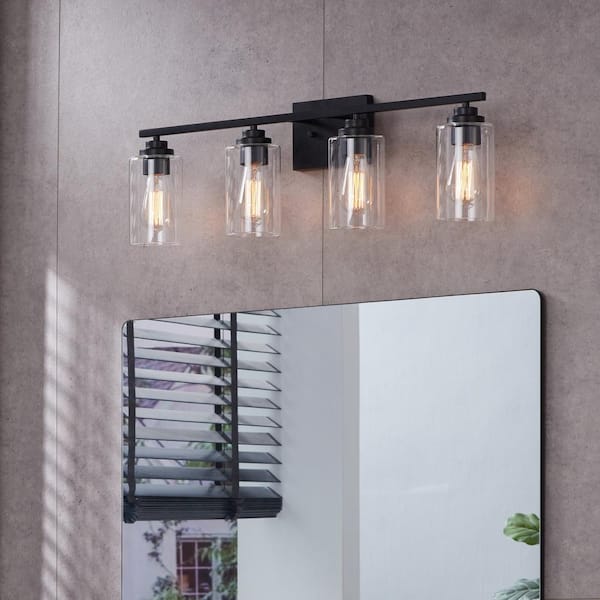 30 in. 4-Light Black Vanity Light with Clear Glass Shades