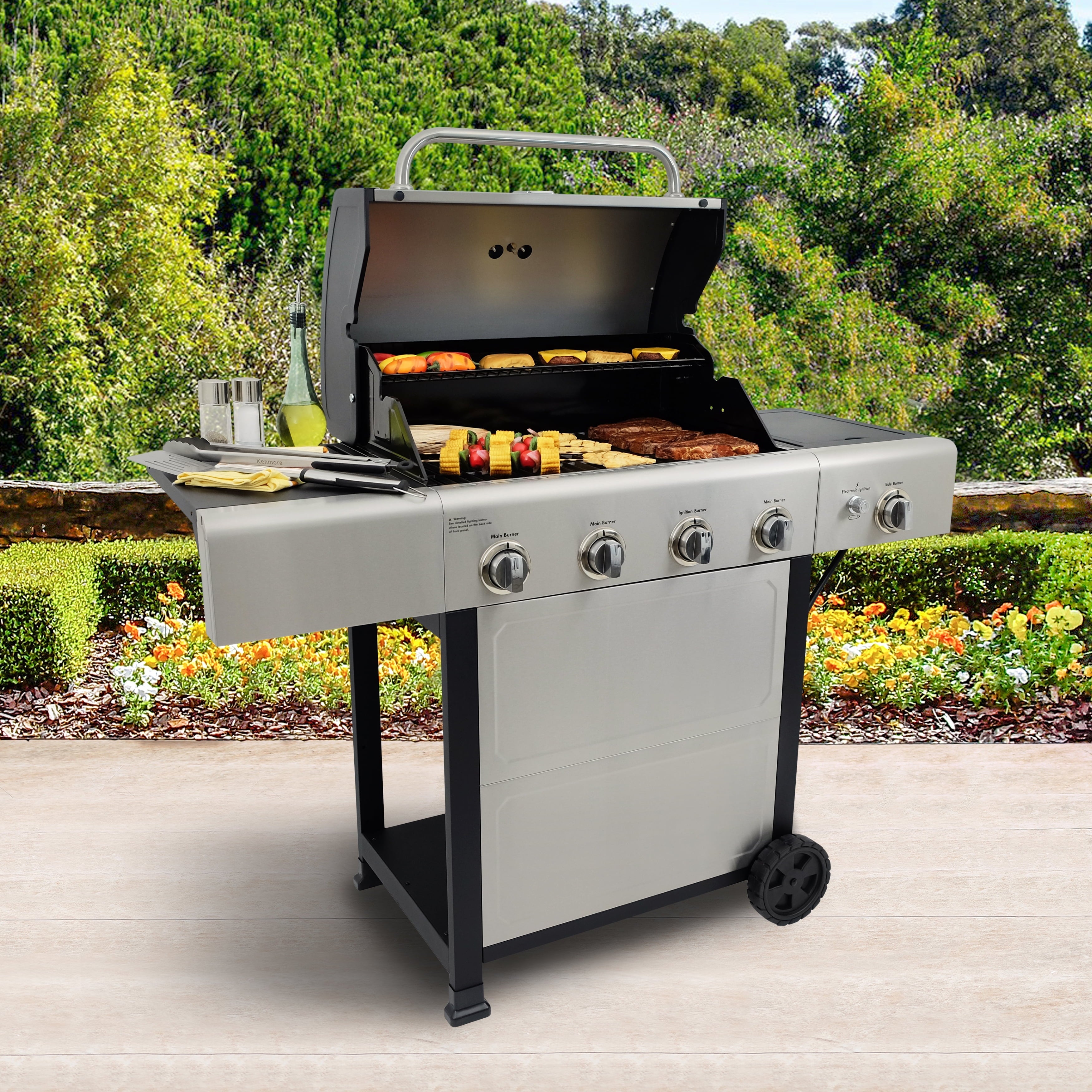 4-Burner Outdoor Propane Gas Grill with Side Burner, Open Cart, Stainless Steel