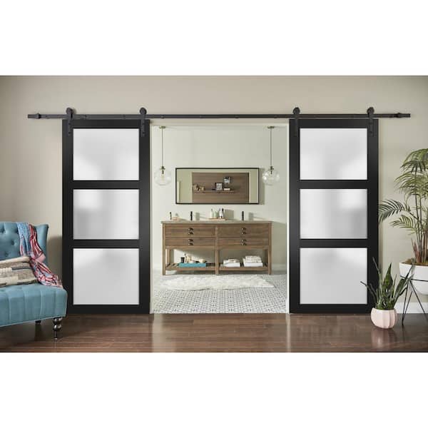 2552 36 in. x 96 in. 3 Panel Black Finished Pine Wood Sliding Door with Double Barn Hardware