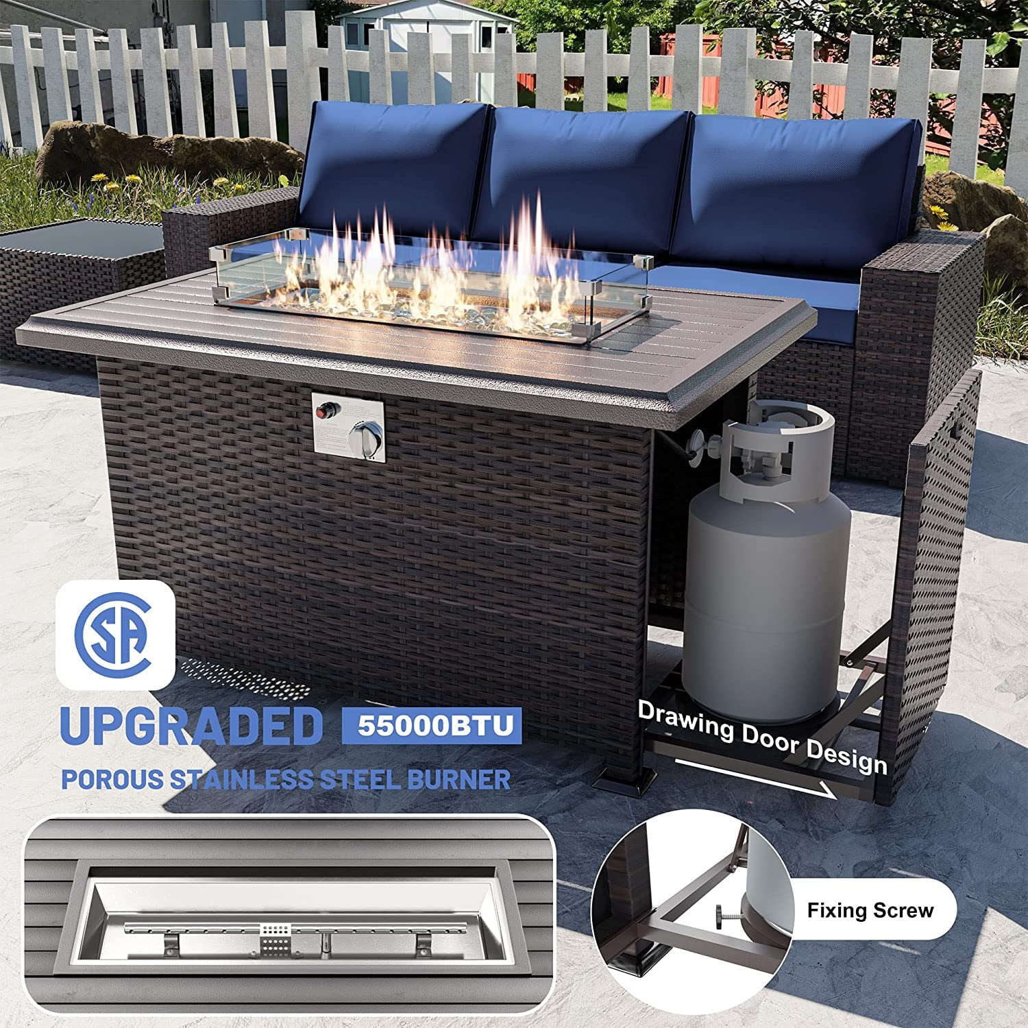 Kullavik Patio Furniture Set PE Rattan Auto-Ignition Propane Fire Pit Windshield Coffee Table Navy Blue