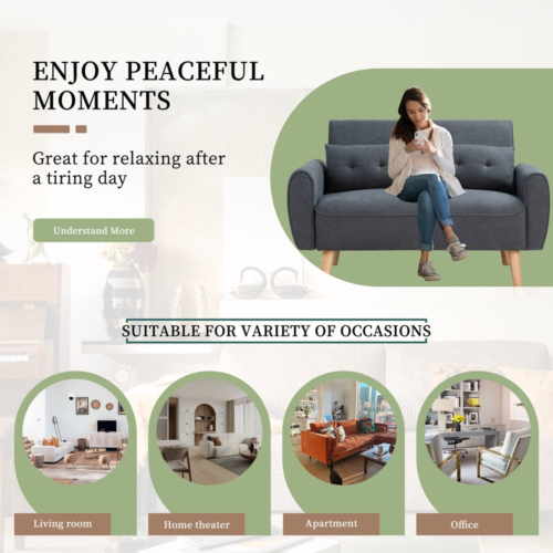 Small Modern Loveseat Sofa Mid Century Linen 2-Seat Couch Tufted Cushions 47inch