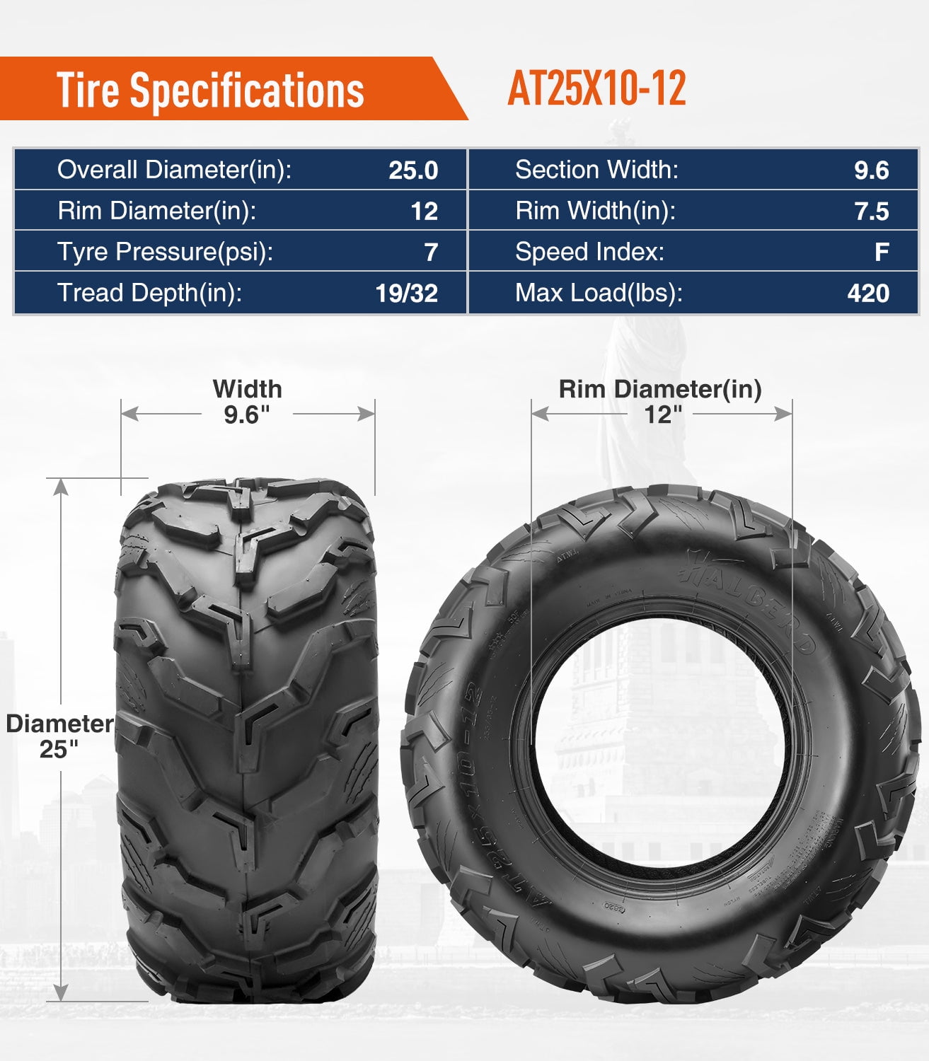 HALBERD 6PR 25x10-12 Front Rear ATV/UTV Tires 15mm Tread Depth All Terrain Off-Road Tires