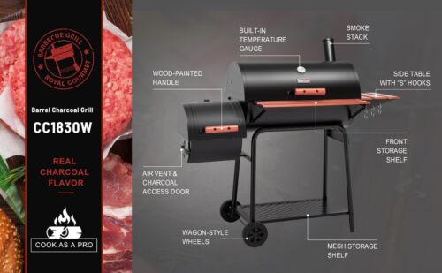 Royal Gourmet Charcoal Grill w/ Offset Smoker Wood-Painted Side & Front Table